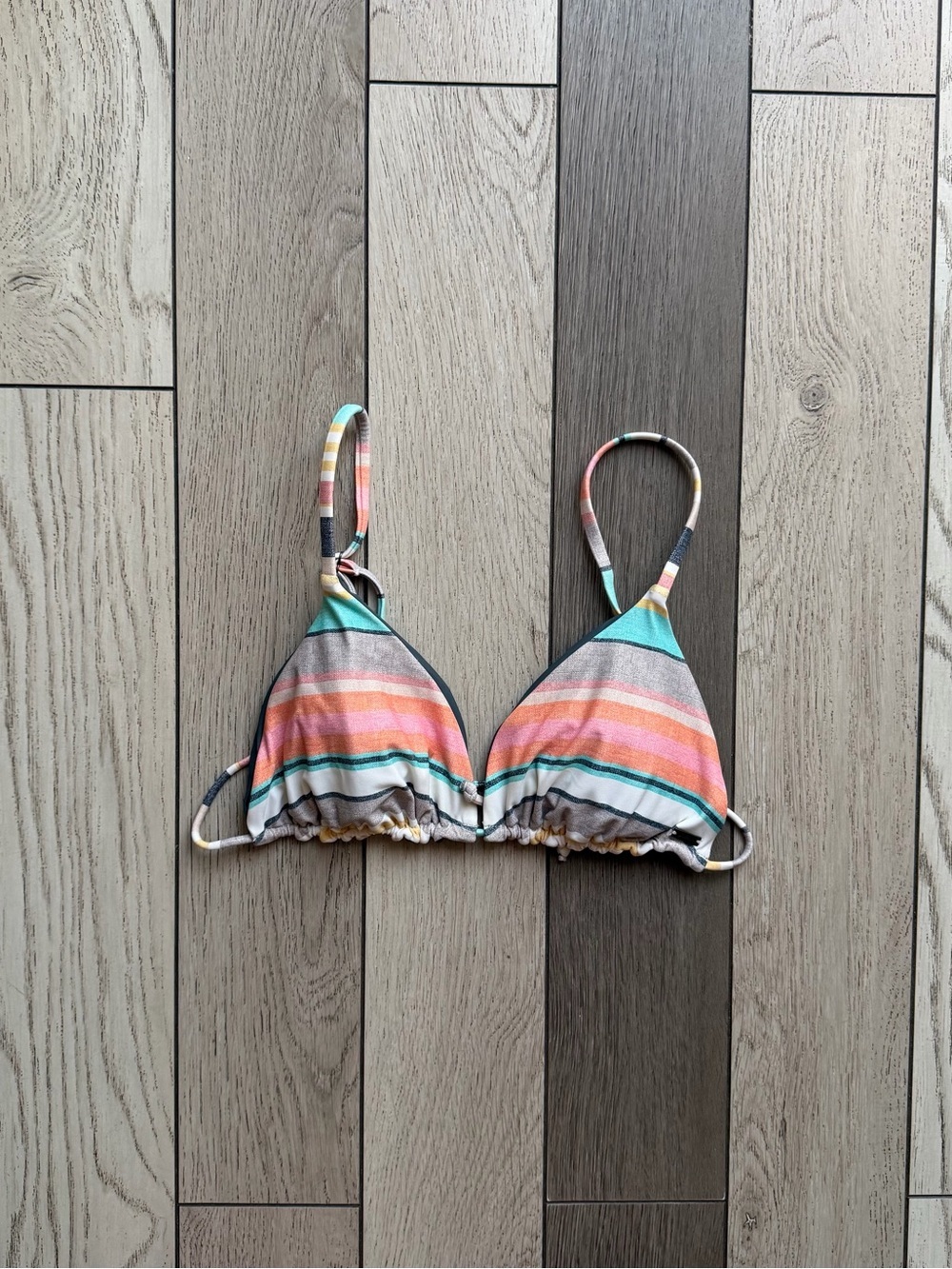 Oneill Striped Triangle Bikini Top in Coral, Teal & Gray S